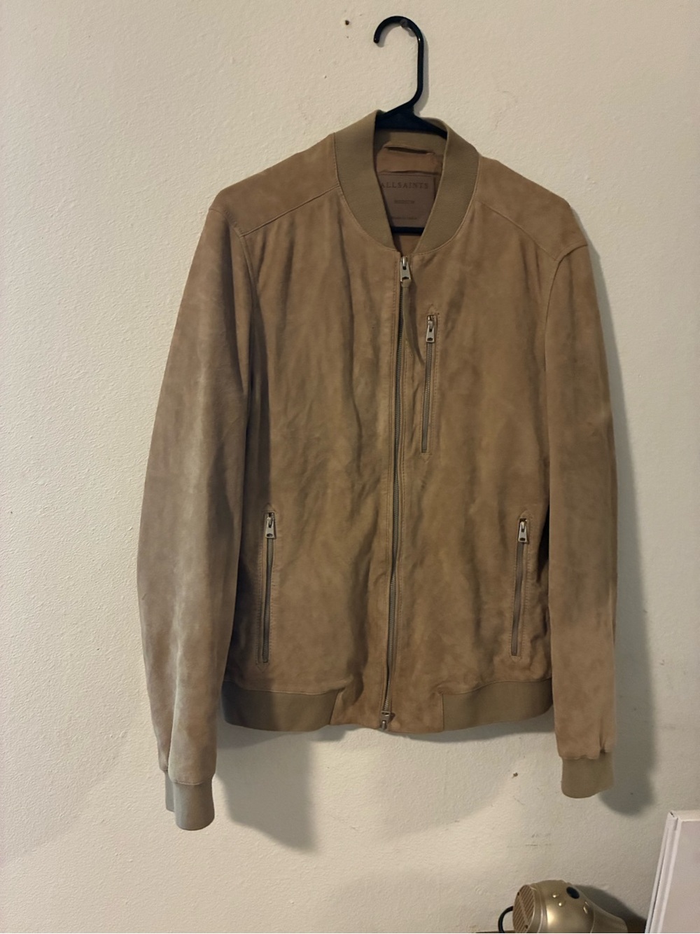 All Saints Tan Suede Bomber Jacket